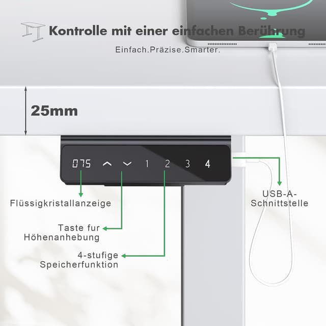 Detalle de Flamaker höhenverstellbarer Stehschreibtisch elektrisch 180x80 cm (mit Kabelmanagement)