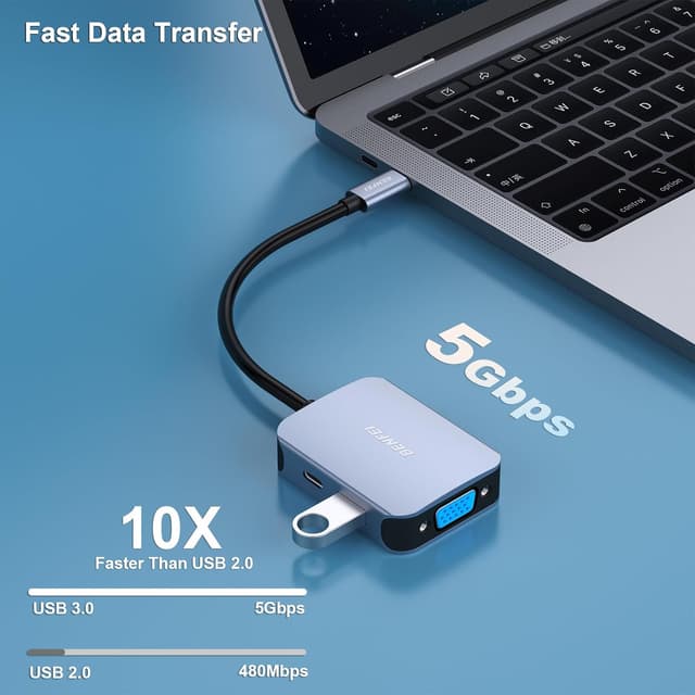 Detalle de BENFEI Hub USB-C 4in1 con HDMI 4K, VGA e USB 3.0 fino a 5 Gbps + Power Delivery 60W (grigio)