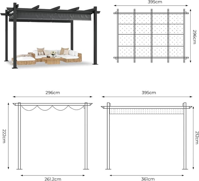 Detalle de TRIUMPHKEY Pergola Pavillon 3x4 m wasserdicht, Aluminium mit Schiebedach – Winterfest, grau