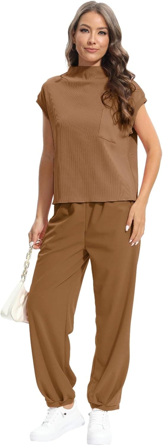 Detalle de Momuk Women’s Casual 2-Piece Ribbed Knit Short Sleeve Top & Wide-Leg Lounge Set