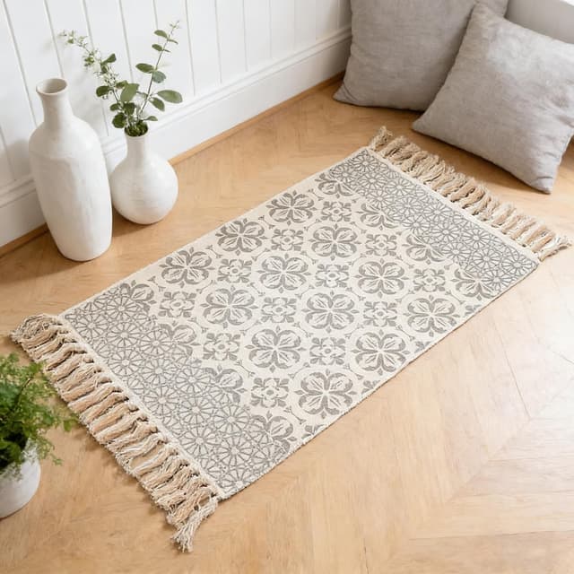 Detalle 2 de MORROWCAMP Boho Cotton Small Rug 58x88 cm with Tassels – Beige Grey Moroccan Floral Style Woven Washable Rug