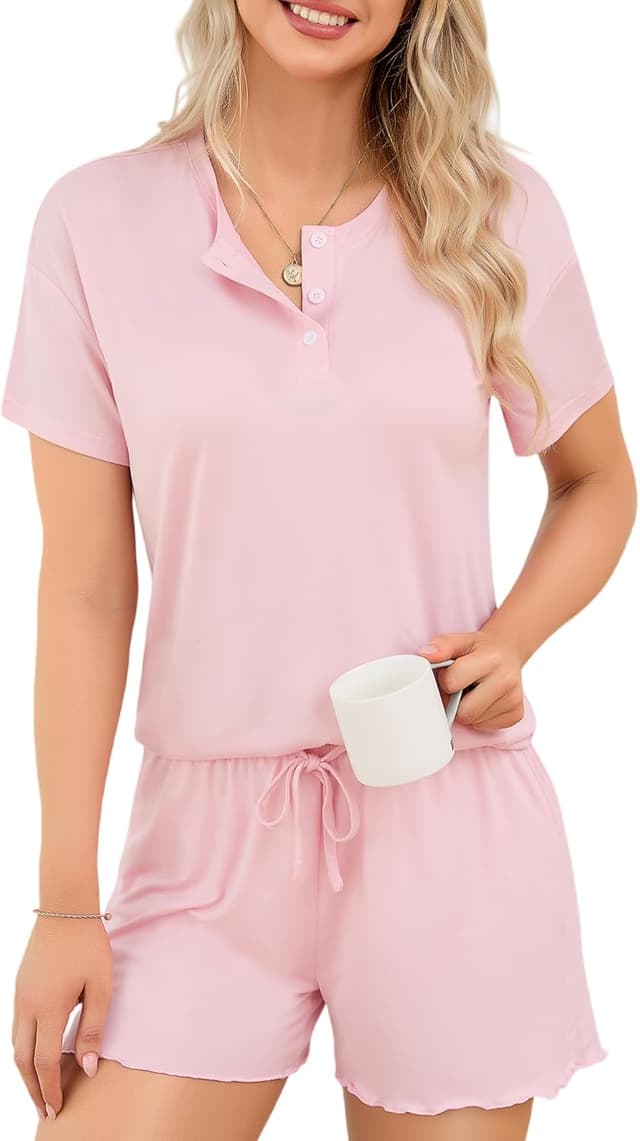 Detalle de LUSLOVE Damen Schlafanzüge Pyjama Kurz-Set (V-Ausschnitt & Shorts) für den Sommer