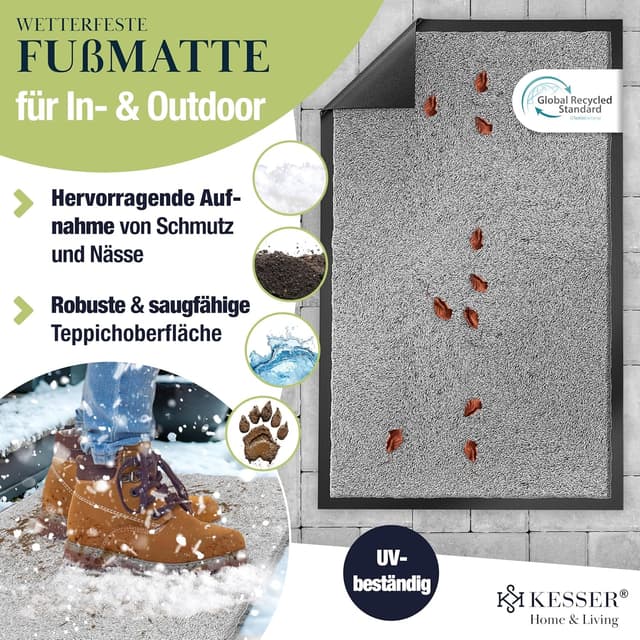Detalle de KESSER Schmutzfangmatte Profi-Fußmatte in Hellgrau, 60x90 cm – rutschfest & maschinenwaschbar