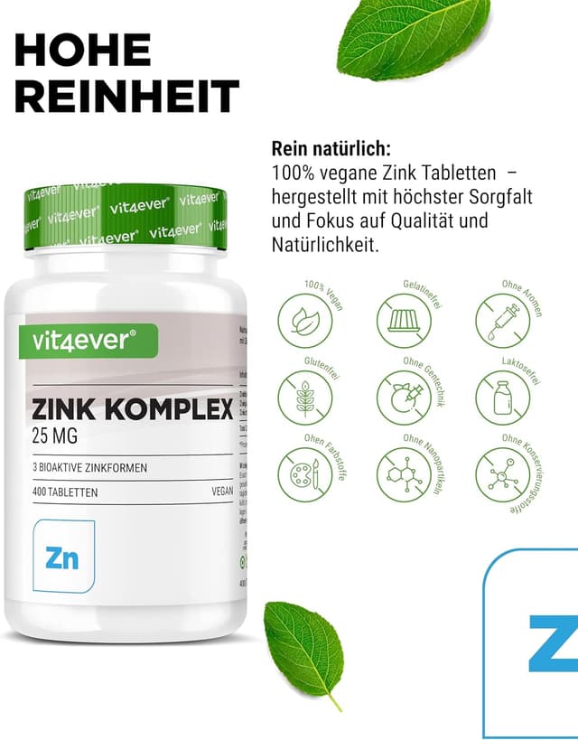 Detalle de vit4ever Zink Komplex 25 mg – 400 Tabletten (3 bioaktive Zinkformen, vegan)