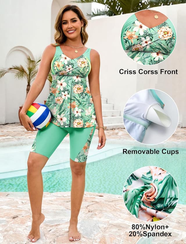 Detalle 2 de Arolina Plus Size Two-Piece Tankini Swimsuit with Shorts, Tummy Control & UV Protection
