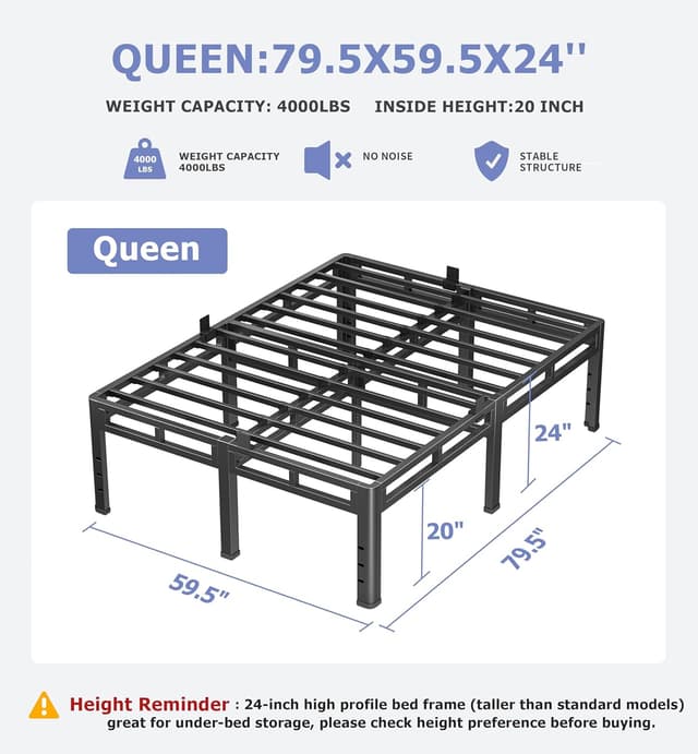 Detalle de NKZ 24 Inch Queen Size Metal Bed Frame (2-in-1 Platform, Box Spring Not Needed)