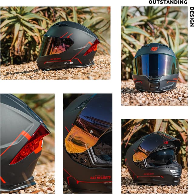 Detalle 2 de HAX Force Aerodynamic Full Face Helmet (DOT & ECE 22.06) with Dual Visor, Pinlock Ready, Adult Size, Matte Black/Red