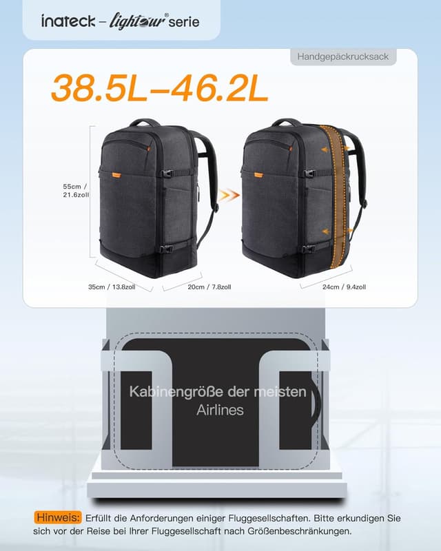 Detalle 2 de Inateck 38,5–46,2 L erweiterbarer Reiserucksack für Laptop