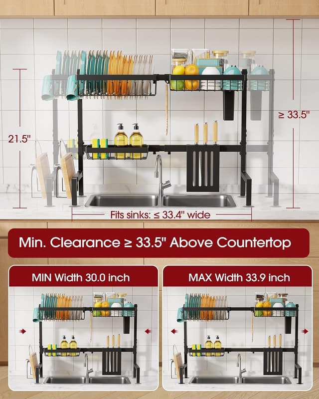 Detalle de Sakugi Over The Sink Dish Drying Rack (Adjustable 2-Tier, Stainless Steel, Black)