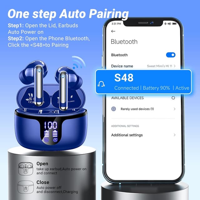 Detalle 2 de Wireless Earbuds Bluetooth 5.3 in-Ear Headphones with 4 ENC Mic, 42h Playtime, IP6 Waterproof and LED Display (USB-C) – Blue