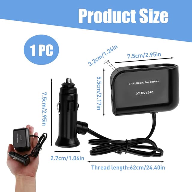 Detalle 2 de ltteea Car Cigarette Lighter Splitter + Dual USB Charger (2 Sockets, 12V/24V) for Dash Cam, GPS and Phones