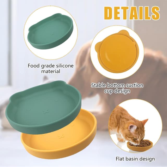 Detalle de FINEASY 2PCS Silicone Shallow Cat Bowls (Whisker Friendly) – Flat Food & Water Dishes, Orange & Green
