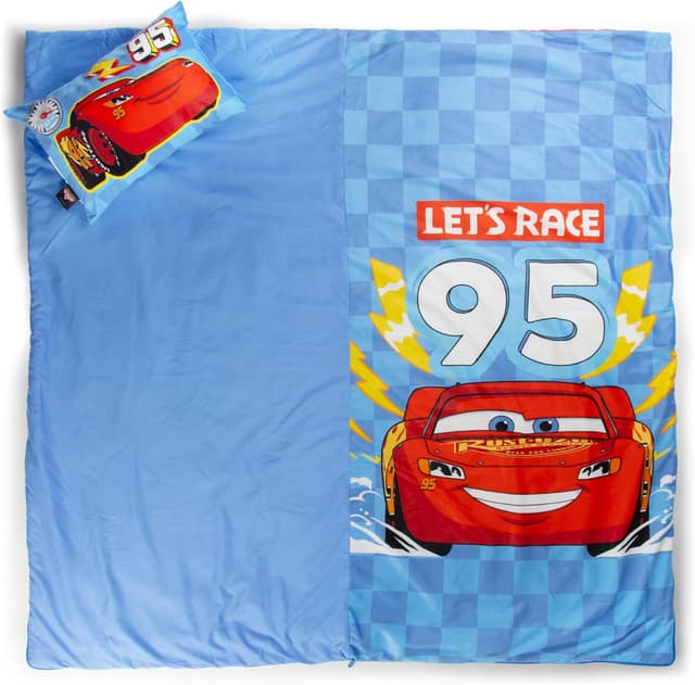 Detalle 2 de Children’s Slumber Bag & Pillow Set – Cosy Cars theme (137 x 61 cm) for indoor sleepovers & school trips