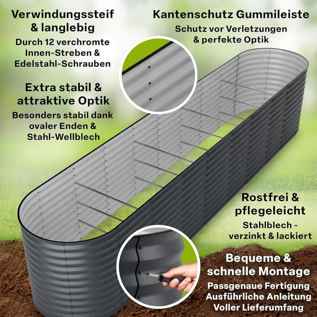 Detalle de TTL GARDEN Elegance XXL Metall-Hochbeet 400x80x80 cm, anthrazit (Edelstahl verzinkt & grau lackiert)