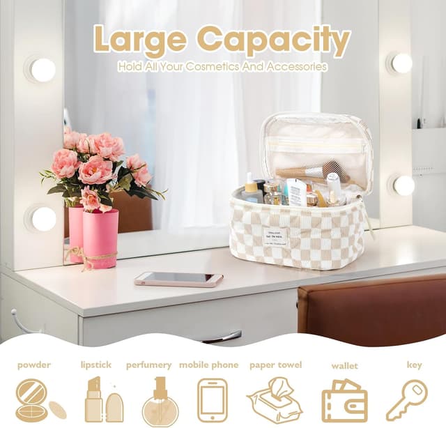 Detalle 2 de BuyCard Kosmetiktasche 3er-Set aus Cord (Khaki Check) – Kulturbeutel Damen für Reise & Alltag