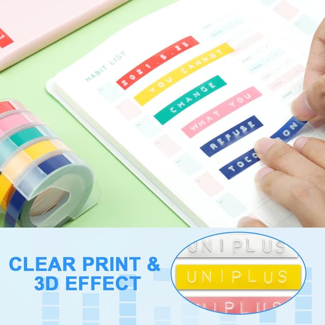 Detalle de 12x UniPlus kompatibles 3D-Etikettenband für Omega/Dymo (9 mm x 3 m) – Ersatz für Prägebänder