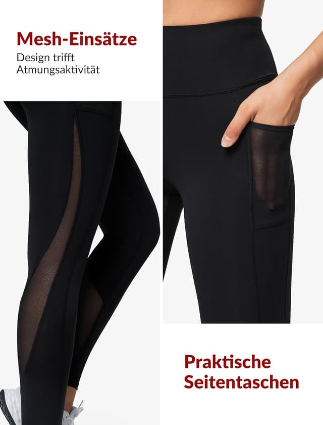 Detalle de Yvette Damen Sport-Leggings mit Mesh-Einsätzen und High-Waist, blickdicht & bequem