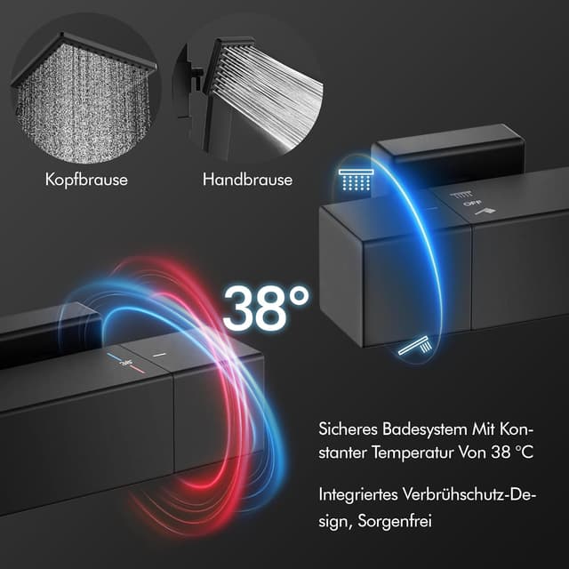 Detalle 2 de HOMELODY Duschsystem mit Thermostat Schwarz