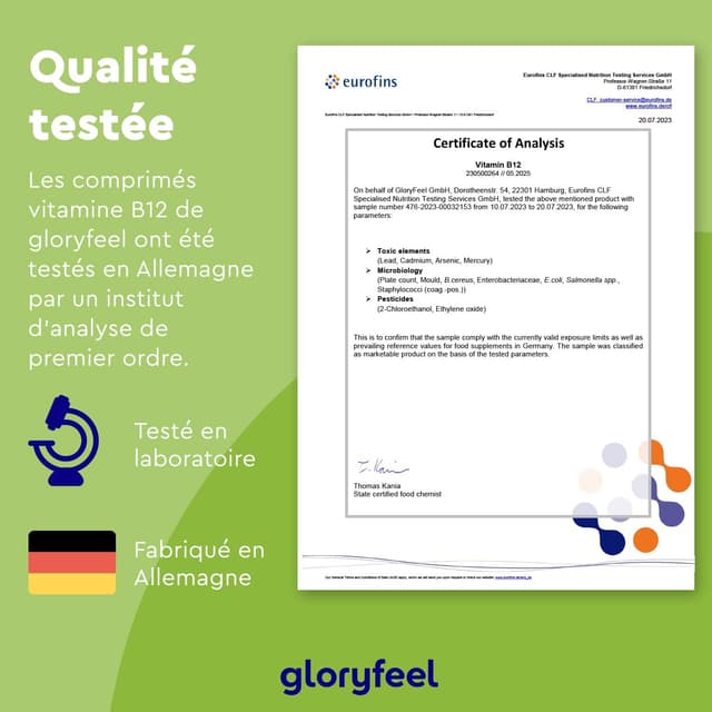 Detalle de Gloryfeel Vitamine B12 200 comprimés – 1.000 mcg/jour, 2 formes bioactives dont hydroxocobalamine + acide folique 5-MTHF (Quatrefolic®)