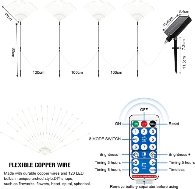 Detalle de Solar Feuerwerk Gartenlichter mit 120 LED (4er-Set) – Solarstecker für Terrasse, Wege & Rasen