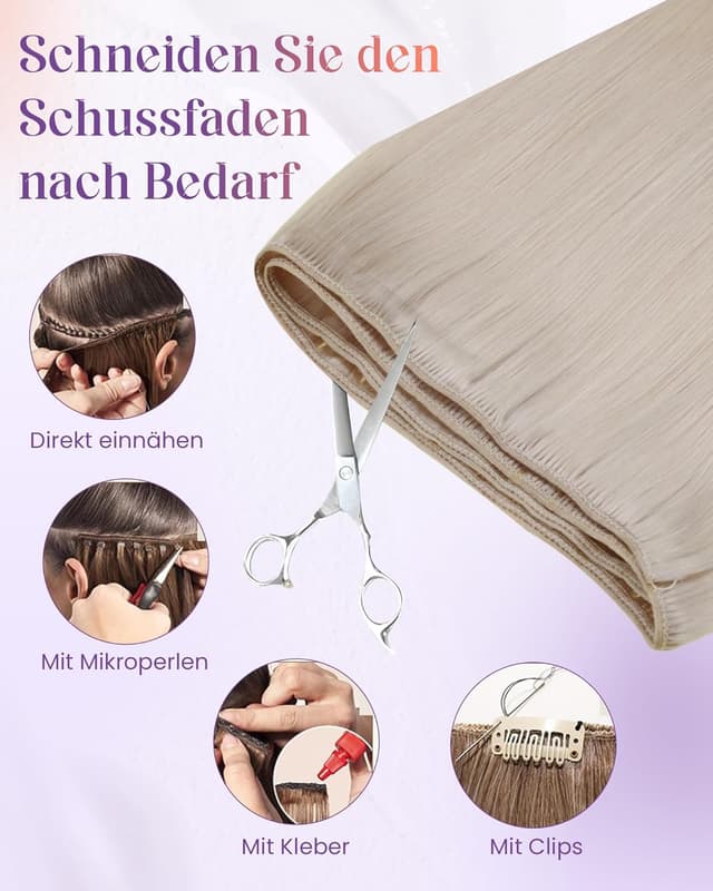 Detalle 2 de LaaVoo Echthaar Extensions Tressen (Platinblond, #60), zum Einnähen – 80 g, 30 cm