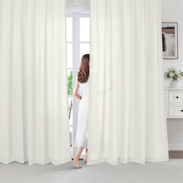 Detalle de BellaHills Voile-Gardinen in Elfenbeinweiß (2er-Set) mit Ösen, halbtransparent H230 × B140 cm