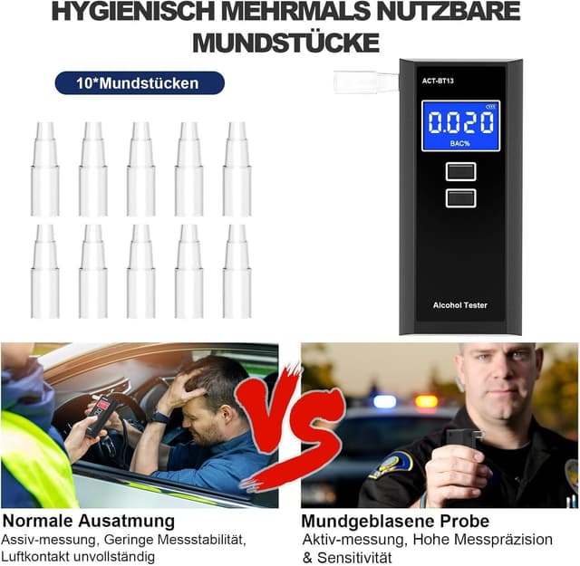 Detalle 2 de Swetfela Alkoholtester mit 10 Mundstücken & Tragetasche – tragbarer digitaler BAC-Messgerät mit LCD
