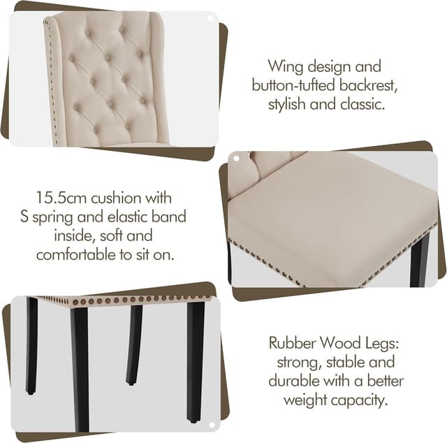 Detalle de Yaheetech Upholstered Button Tufted Dining Room Chairs (Set of 2) with Nailhead Trims and Solid Legs, Beige