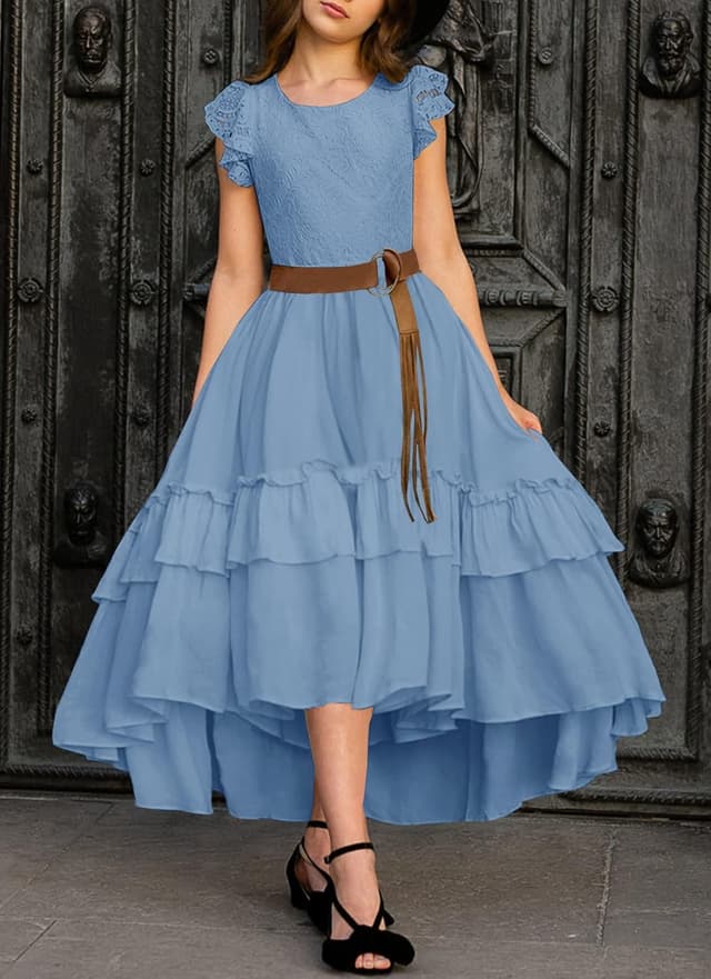 Detalle de HOSIKA Girls Lace Boho Flower Girl Dress with Ruffle Sleeves (A-Line, 6–12 Years)