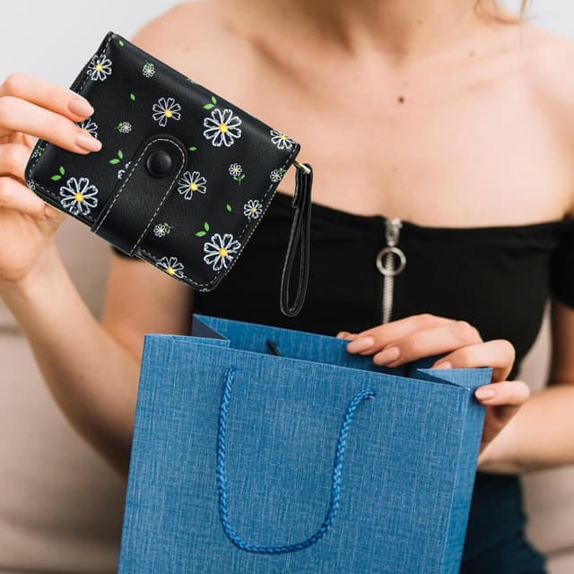 Detalle 2 de Farcauo mini porte-monnaie pour femme : petit portefeuille multifonctions noir à motif fleurs