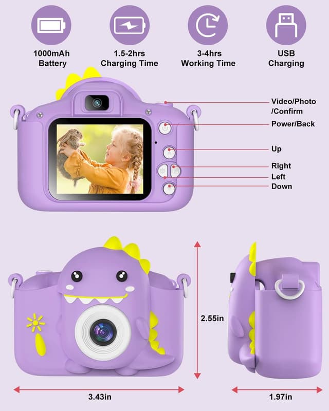 Detalle 2 de Hangrui Kids Camera (20MP) with Dual Lens, 2-inch IPS Screen, 1080P Video and Shockproof Silicone Case (Purple)