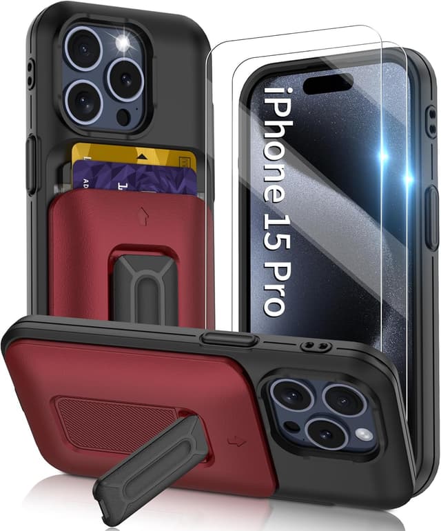 Detalle de Gritup for iPhone 15 Pro Case with Cards Slot & Sliding Cover (with Kickstand) + 2 HD Screen Protectors