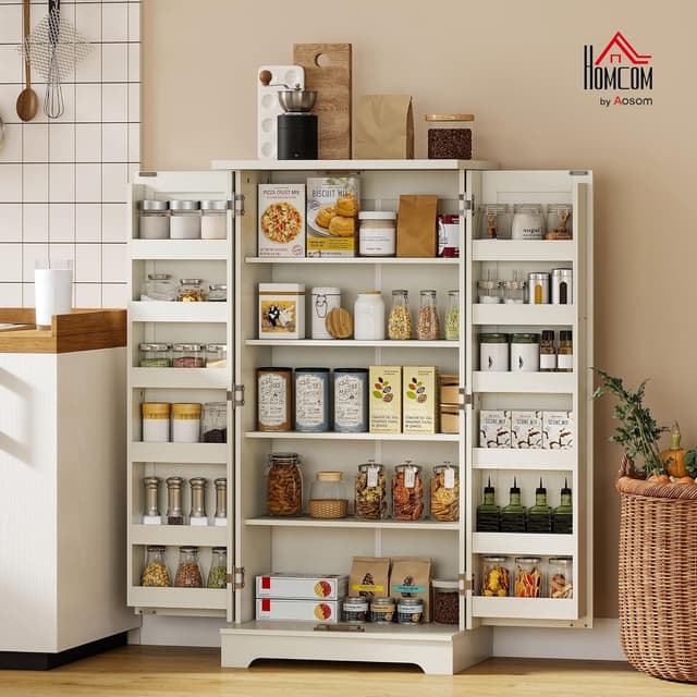 Detalle 2 de HOMCOM Buffet Cuisine / Vaisselier 5 niveaux crème avec portes et étagères réglables, 60 x 40 x 120 cm