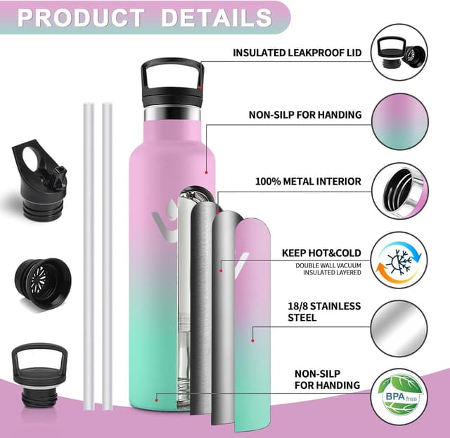 Detalle de Motswedi borraccia termica da 750 ml in acciaio 18/8, senza BPA (rosa chiaro&verde chiaro)