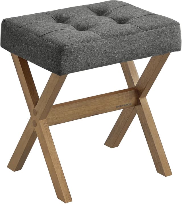 Detalle de SONGMICS Sgabello da toeletta imbottito LSF006GN01, poggiapiedi e sgabello trucco in legno a X (32 x 42 x 46 cm)