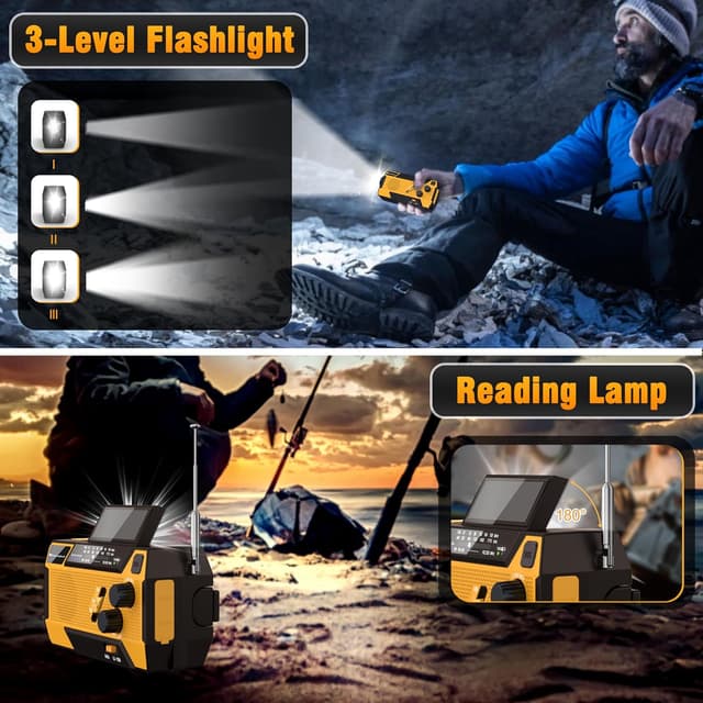 Detalle de Wind Up Solar Radio emergency hand crank radio with SOS alarm, flashlight & built-in cables (7400mWh / 2000mAh)