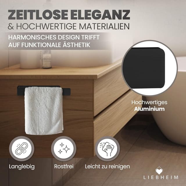 Detalle de LIEBHEIM Handtuchhalterung ohne Bohren (schwarz, Aluminium, 22 cm) – Wand-Handtuchstange