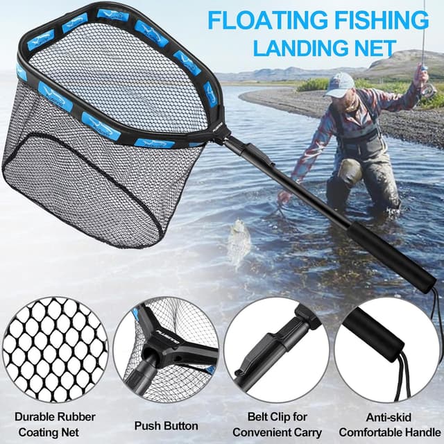 Detalle 2 de PLUSINNO Floating Fishing Net Landing Net (Rubber-Coated, Foldable) for Kayak, Steelhead, Salmon, Trout & More