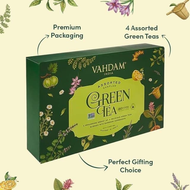 Detalle de VAHDAM Caja de Regalo Té Verde 🌿 80 Bolsas Piramidales