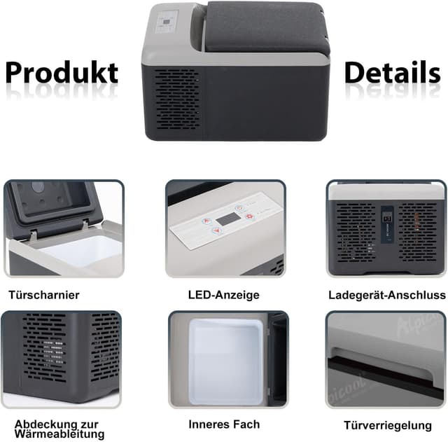 Detalle de Alpicool C9PT 9L 12V Kühlbox mit Kompressor für Auto & Camping (schwarz)