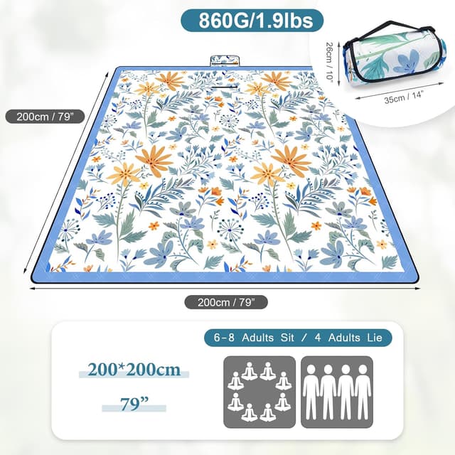 Detalle de DEWUR Picknickdecke wasserdicht und waschbar – Stranddecke XXL 200 x 200 cm mit sandabweisender Oberfläche