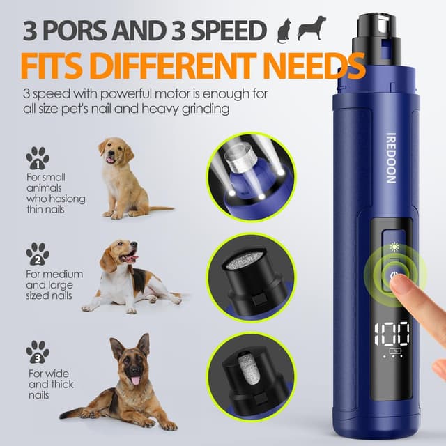 Detalle de IREDOON Lime à ongles électrique pour chien rechargeable, 3 vitesses et 4 LED