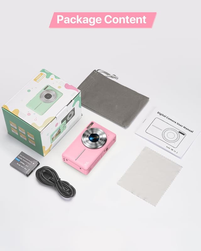 Detalle de Digital Camera 1080P 44MP Compact Camera with 16x Digital Zoom, 2.4" LCD & Flash Light – Pink (No SD Card)