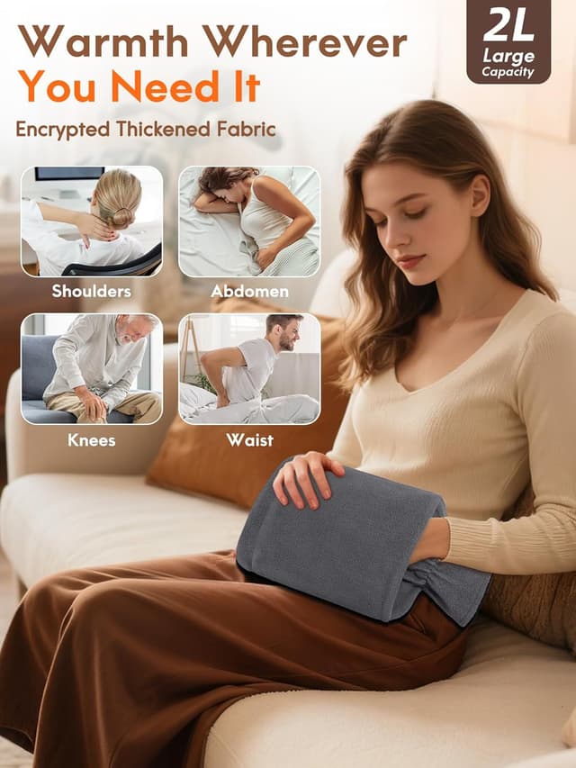 Detalle de MUPAS Wärmflasche mit Vliesbezug und Kängurutasche – 2 l, grau