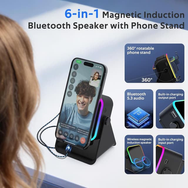 Thumbnail 6 de BIIB Vatertagsgeschenk für Papa – 6-in-1 Induktions-Bluetooth-Lautsprecher mit 360°-Handyhalter, RGB-Licht und Ladefunktion