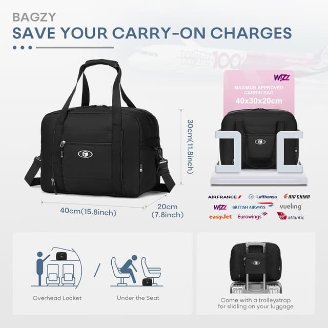 Detalle de BAGZY borsone da viaggio pieghevole 25L 40x30x20 bagaglio a mano Wizzair/Vueling (impermeabile, nero/grigio)