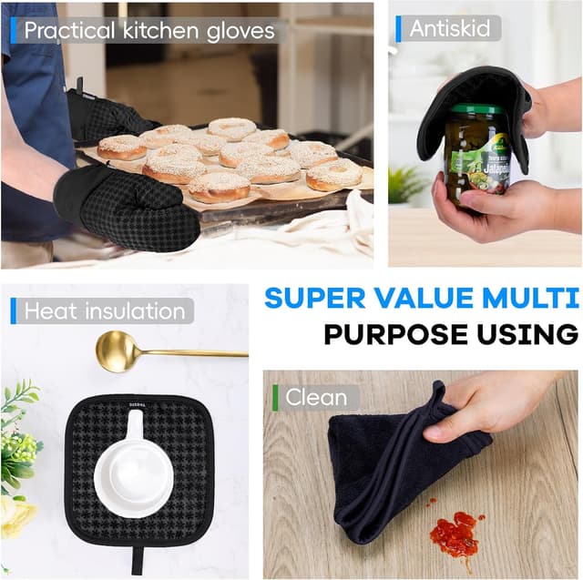 Detalle 2 de Yeqqzq 6-piece oven mitts and pot holders set with non-slip silicone, extra-long gloves (black)