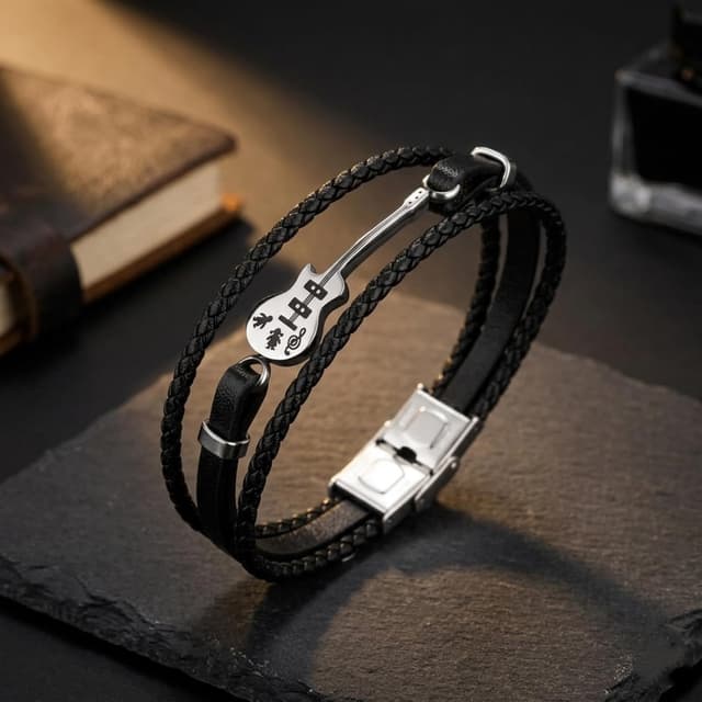 Detalle de ATEIELLI Bracciale chitarra uomo in pelle intrecciato multistrato con acciaio inox