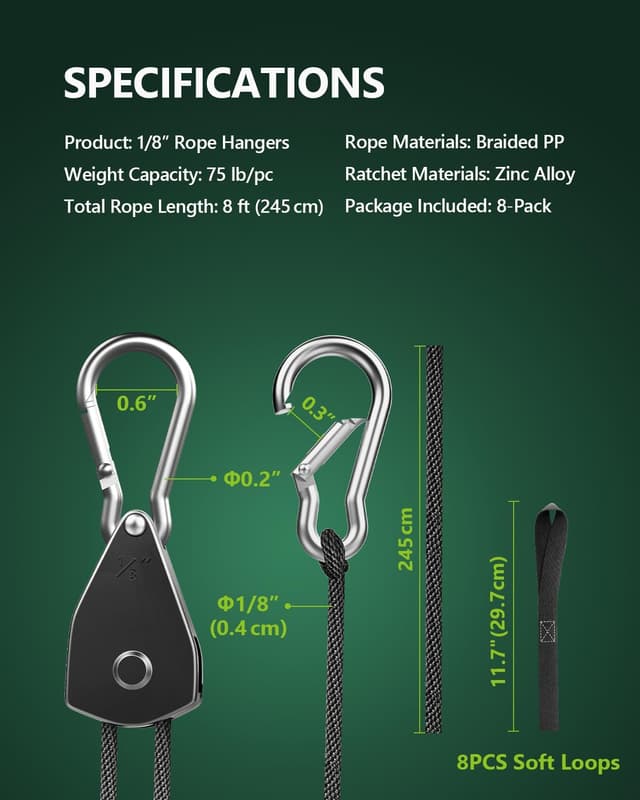 Detalle 2 de STAYGROW 8-Pack 1/8 in Ratchet Straps for Kayak Tie-Downs, Plant Hangers & More