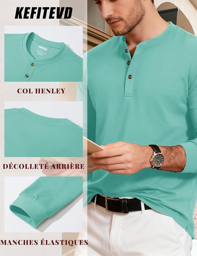 Detalle de KEFITEVD t-shirt manches longues Henley en coton à 3 boutons pour homme